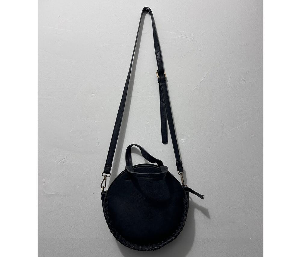 Free People Black Round Crossbody Bag Boho Purse Braided Trim Adjustable Strap